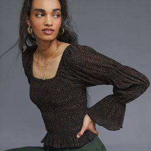 Anthro Shimmer Puff-Sleeved Top